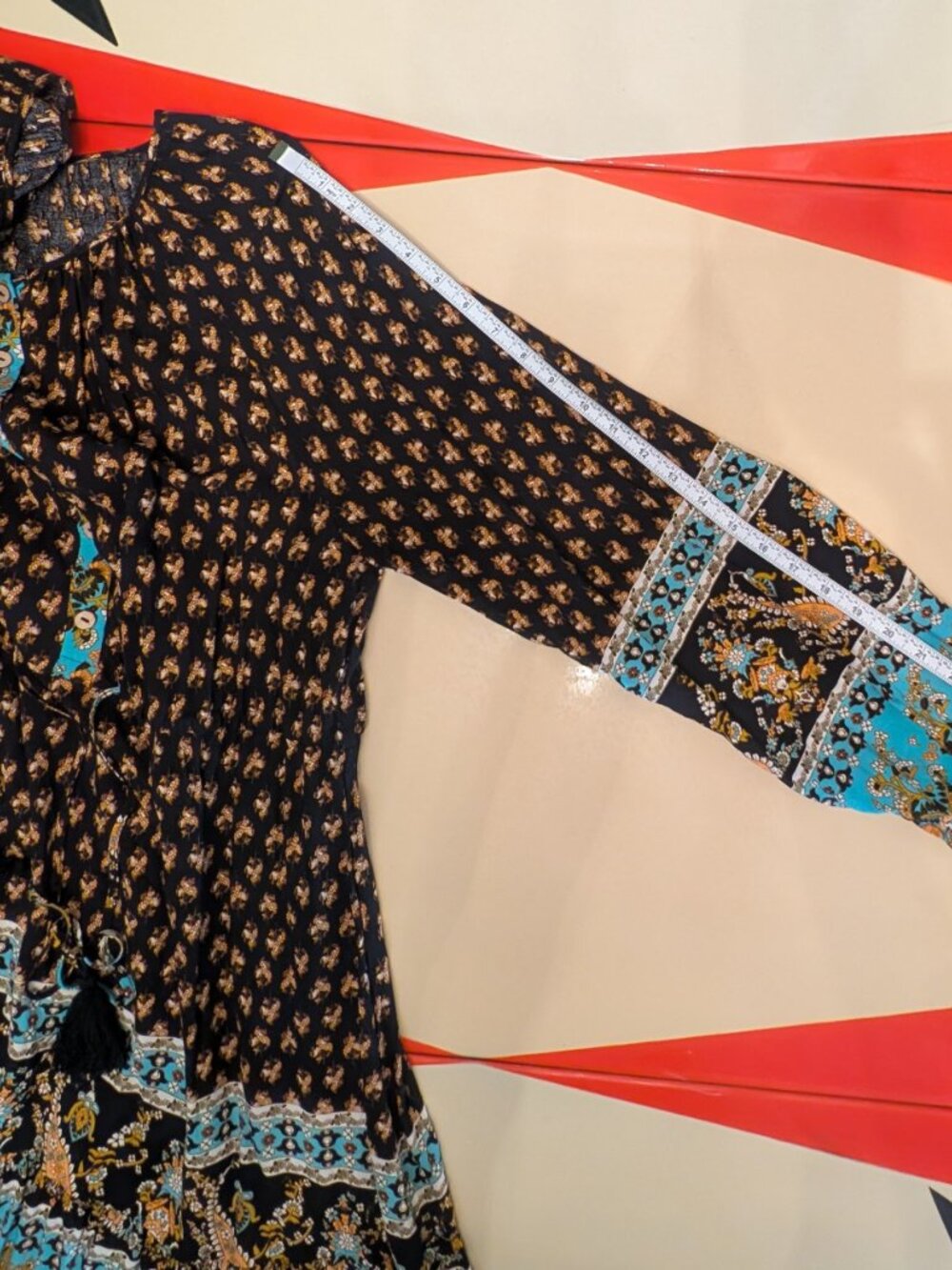 Boho Mini Dress Black Paisley Print L/S Tassel Tie Waist Size XL NWOT - Picture 9 of 12